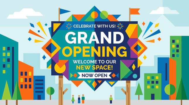Grand opening celebration with colorful decorations.