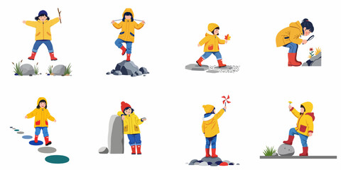 Fototapeta premium Vector illustration set of a young girl in a yellow raincoat exploring nature, jumping on rocks, and playing outdoors in various poses.