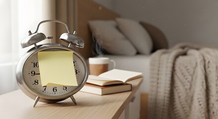 Naklejka premium Close up of alarm clock with blank sticky note on bedside table