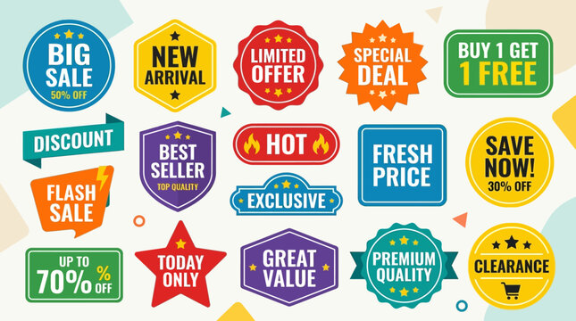 Collection of colorful sale and discount stickers.