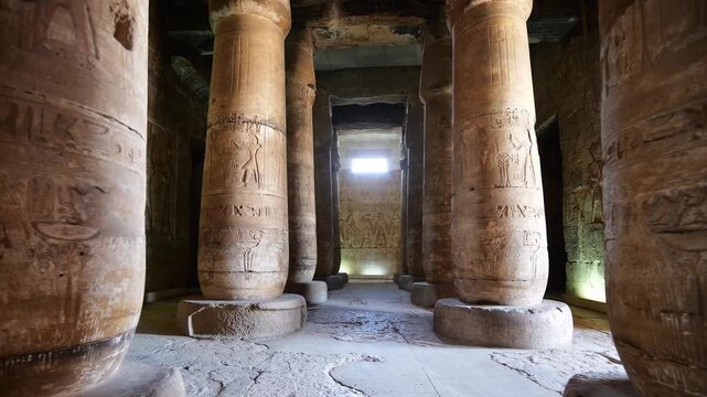Atmospheric hypostyle hall with massive carved columns and hieroglyphics inside Abydos temple of Seti I, Egypt, dramatic light piercing through ancient stone corridor.