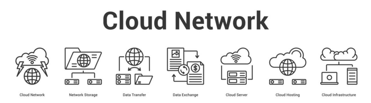 Cloud Network web banner icon set vector illustration concept for business with icon of Cloud Network, Network Storage, Data Transfer, Data Exchange, Cloud Server, Cloud Hosti.