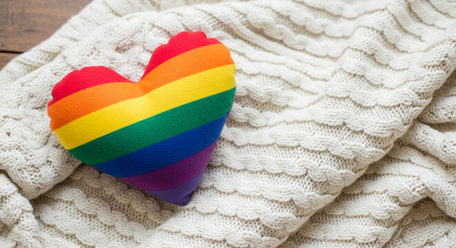 Heart-shaped pillow with rainbow stripes resting on a textured white knit blanket, symbolizing pride, unity, and comfort, ideal for LGBTQ+ themes and holiday celebrations.