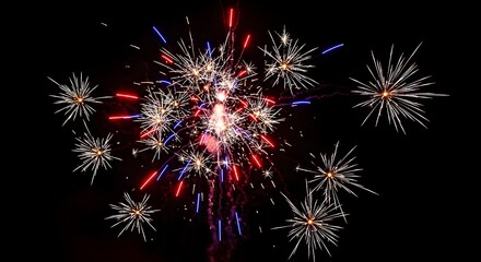 Fototapeta premium Vibrant red, White, And blue fireworks exploding in the night sky on 4th of July, Symbolizing American celebration and freedom