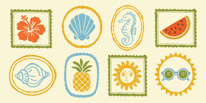 Vintage summer hand drawn postage stamps with tropical beach elements, postcard frames, vector sticker illustrations. Exotic vacation motifs, retro travel design and coastal prints with fruits, flower