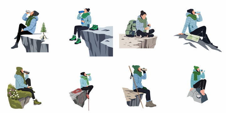 Collection of eight flat illustrations showing a female hiker sitting on various mountain cliff edges, resting and drinking water during her outdoor trekking adventure.