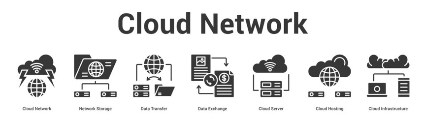 Fototapeta premium Cloud Network web banner icon set vector illustration concept for business with icon of Cloud Network, Network Storage, Data Transfer, Data Exchange, Cloud Server, Cloud Hosti.