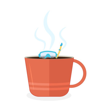 Scuba diving mask in coffee cup. Creative deep dive into ideas and thoughts while enjoying morning coffee. Finding inspiration while drinking coffee. Daily ritual with sudden inspiration. Vector
