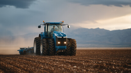 Fototapeta premium No-till farming tractor pulling a precision seed drill across a vast stubble field, an elderly male operator visible through the cab window, parched soil crust intact beneath the surface, dramatic s