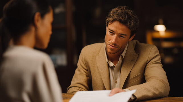 Public defender meets a first-generation immigrant client at a modest community legal aid office, interpreter seated beside them, as the attorney carefully explains arraignment paperwork spread open