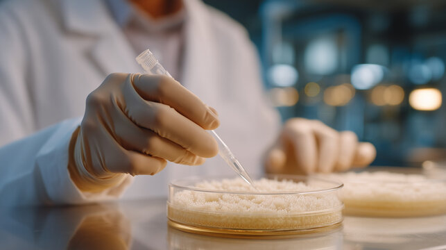 Tissue engineering laboratory assistant preparing extracellular matrix scaffolding material for stem cell seeding procedure, sterile white background emphasizing precise biomaterial handling techniq