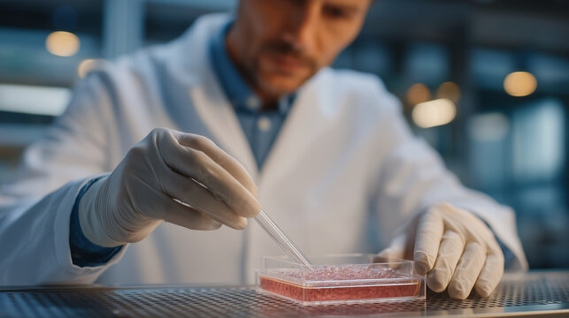 Induced pluripotent stem cell reprogramming specialist troubleshooting cell viability issues at laboratory bench, close up hands manipulating culture vessel under biosafety hood, focused regenerativ