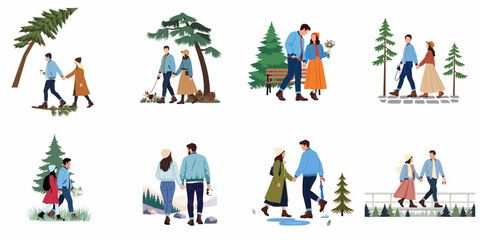 Fototapeta premium Collection of flat vector illustrations featuring romantic couples holding hands and walking together in various scenic outdoor settings during autumn or winter.