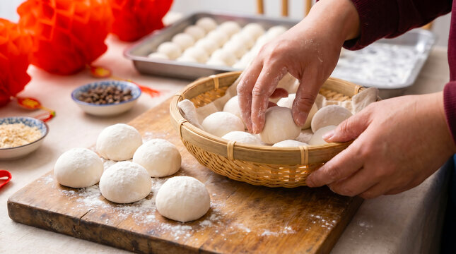 Hands shaping mochi on a wooden cutting board with ingredients and baking tray in background