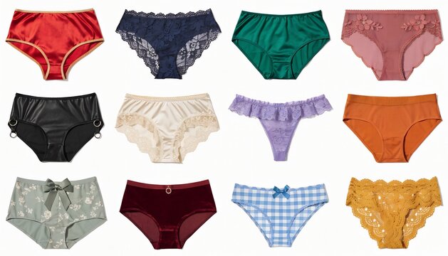 Twelve Woman Panties Collection Grid Various Design And Color Satin Lace Silk Mesh Velvet Crochet Flat Lay Isolated On White Background Fashion Lifestyle Product Photography