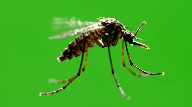 A detailed close-up photograph showcases a mosquito with intricate wing patterns against a vibrant green background, highlighting its delicate features.