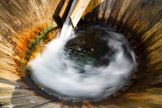 Top view of water vortex in traditional wooden fulling mill