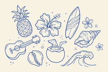 set of Hawaii Tropical Doodle Icon Set, Hand Drawn Vector Illustration of Island Elements, Summer Symbols, Beach Objects, Exotic Plants, and Vacation Design Collection for Creative Projects. © Daishin