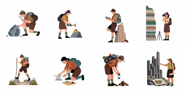 Collection of Boy and Girl Scouts Engaging in Geological Exploration, Rock Collecting, and Outdoor Hiking Activities in Flat Vector Illustration Style
