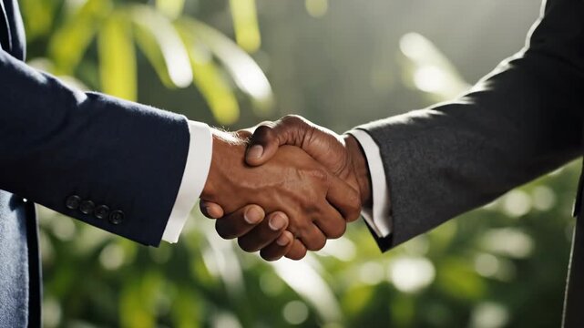 Close-up of two business men shaking hands outdoors. Corporate partnership and agreement concept in a green nature background. Successful deal and cooperation