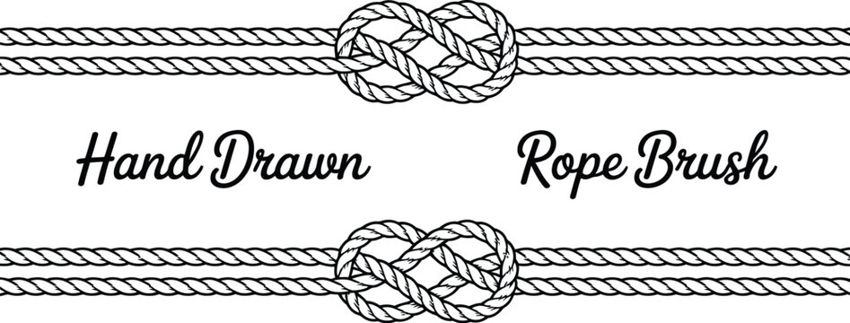 Rope border illustration, hand drawn nautical rope brush with knots decorative line art black and white design