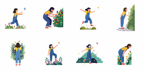 Fototapeta premium Set of illustrations depicting a young girl in denim overalls exploring nature, chasing butterflies, smelling flowers, and playing in various garden scenes.