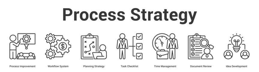Fototapeta premium Process Strategy web banner icon set vector illustration concept for business with icon of Process Improvement, Workflow System, Planning Strategy, Task Checklist, Time Management, Document Revi.