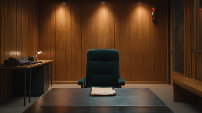 Detective and junior officer conducting recorded interrogation in sterile observation room, wall-mounted camera indicator light glowing, metal table bolted to floor, manila case folder open beside r