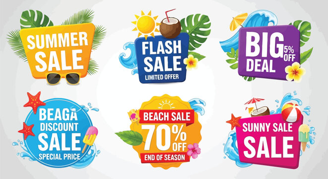 Large summer sale banners with tropical leaves and beach elements isolated on white background