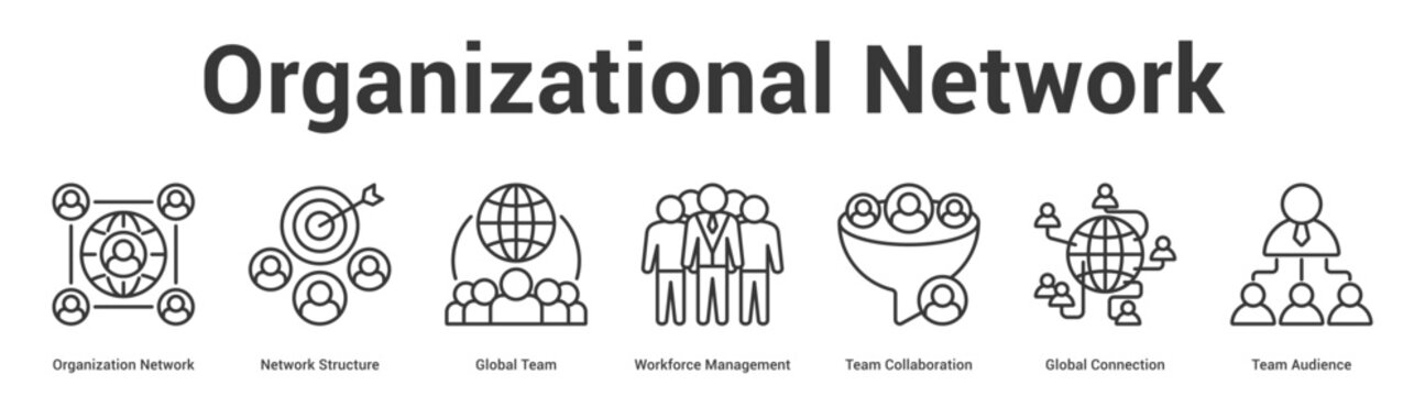 Organizational Network web banner icon set vector illustration concept for business with icon of Organization Network, Network Structure, Global Team, Workforce Management, Team Collaboration, Glo.