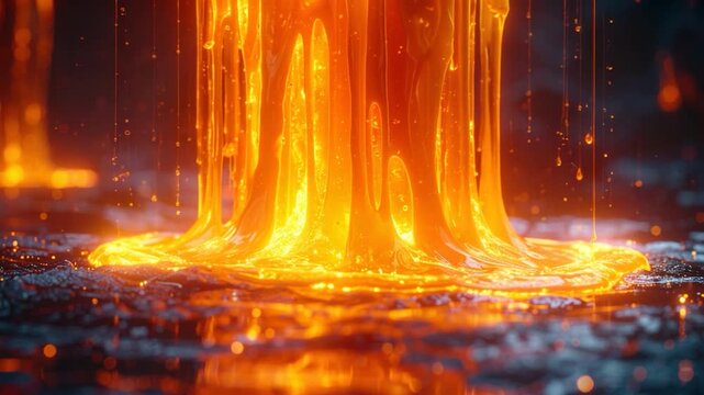 Molten substance flows and drips with an ethereal glow in a dark atmosphere