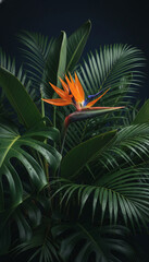 Fototapeta premium Striking Bird of Paradise flower among lush green foliage, symbolizing exoticism, tropical beauty, and vibrant nature, ideal for decorative or thematic use