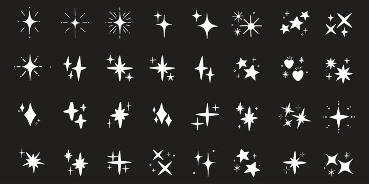 Hand drawn star doodles and sparkles set. Collection of minimalist magic starbursts, twinkling elements and celestial shapes for social media and design