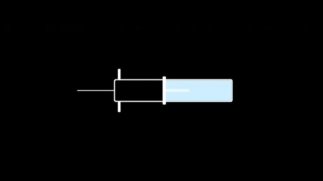 Medical syringe plunger pushes light blue fluid inside barrel against black background, health and medical concept motion graphic.