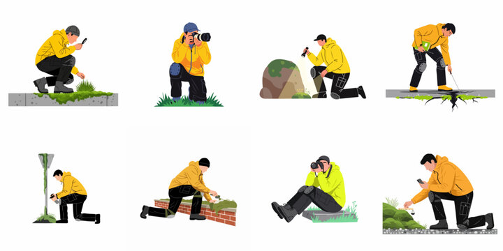 Set of Illustrations Featuring a Researcher in a Yellow Jacket Examining Nature, Taking Photos, and Conducting Scientific Field Work in Urban Environments.
