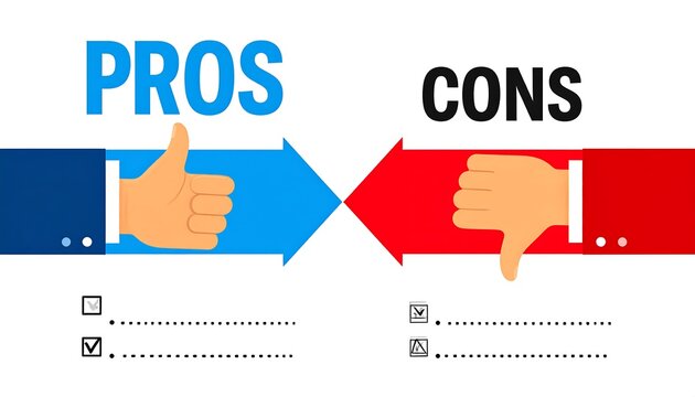Visual comparison thumbs up & down, arrows, "Pros & Cons" text, checklist area