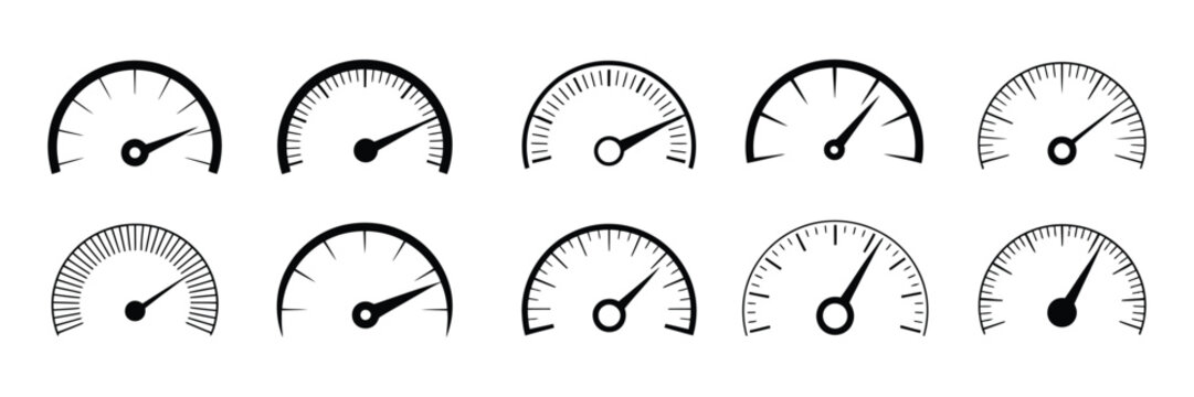 Dashboard speedometer icons set, tachometer icon isolated, performance indicator sign, car speed and fast internet speed concept