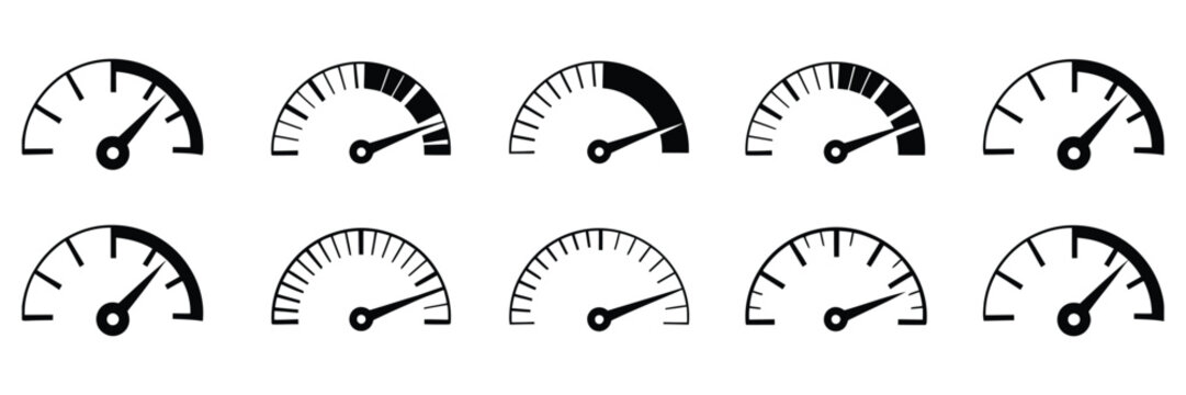 Dashboard speedometer icons set, tachometer icon isolated, performance indicator sign, vehicle speed and network speed symbols