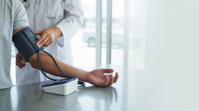 Doctor measuring patient blood pressure with cuff, healthcare and medical checkup concept, prevention and diagnosis, clinical setting, minimal composition with copy space
