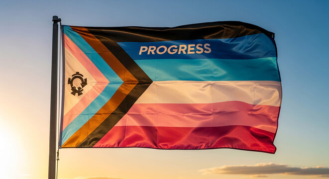 A progress pride flag waves against a clear sky at sunset, its satin fabric shimmering, symbolizing inclusion, rights, and advancement