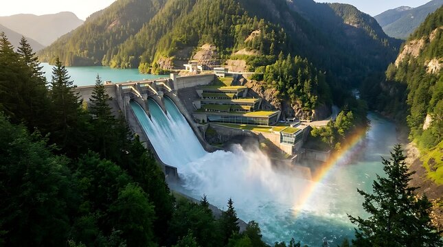 Bendungan megah dengan pelangi dan air terjun di pegunungan