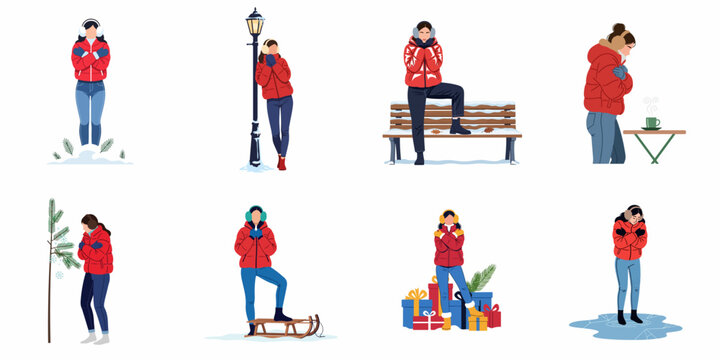 A collection of illustrations showing a woman in a red jacket and earmuffs shivering and feeling cold during various outdoor winter activities.