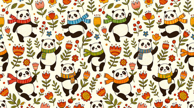 Colorful pandas with flowers seamless pattern
