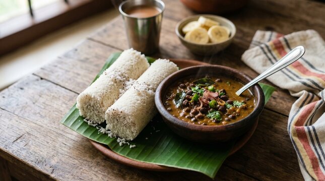 Kerala Puttu with Kadala Curry Traditional Breakfast Realistic South Indian Food Photography 1:1
