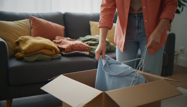 A person standing in a living room packing folded clothes into a cardboard box for moving or donating.