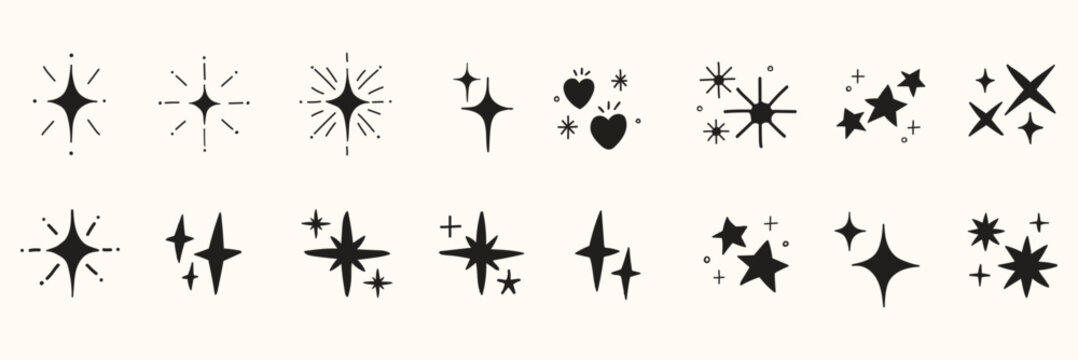 Golden sparkling stars hand drawn set, yellow twinkle elements, starbursts with wax crayon texture. Naive childish shine design elements isolated on transparent background Vector illustration isolated