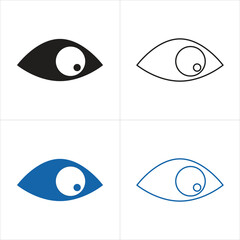 Obraz premium Eye Vision Icon Set Variations. Minimal eye symbol icon collection in black, blue, filled and outline styles for vision, privacy, watch, and visibility themes.