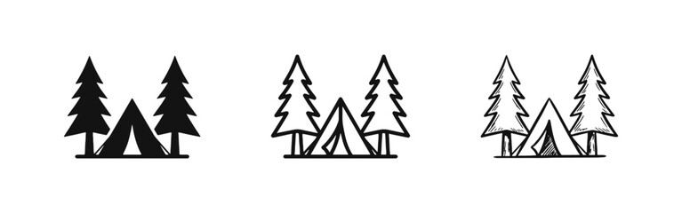 Camping tent in pine forest icons set in solid, outline and hand-drawn style. Outdoor adventure and travel concept. © drawing lines
