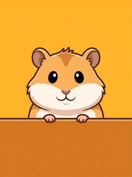 Cute cartoon hamster peeking over a brown surface on a yellow background