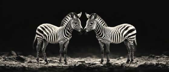 Obraz premium Two zebras touch noses against a dark background, creating a dramatic backdrop for content about wildlife and unity.